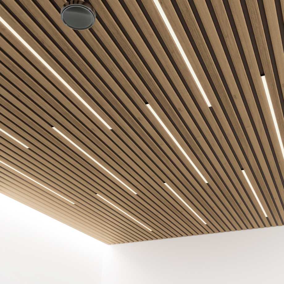 Akustikpaneele aus Holz mit LEDs an Decke | HolzLand Beese in Unna